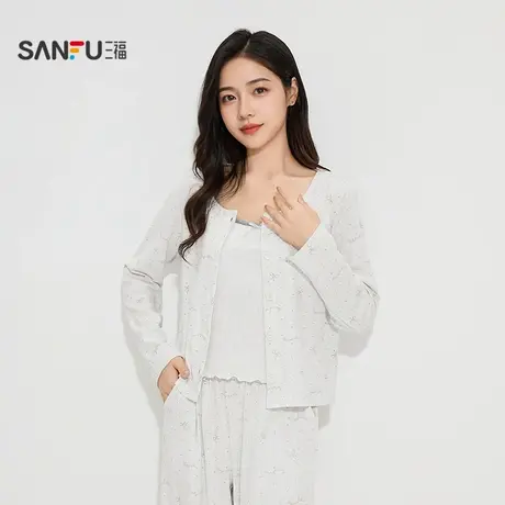 三福女秋季蝴蝶结针织提花三件套家居服 简约宽松套装女505997商品大图