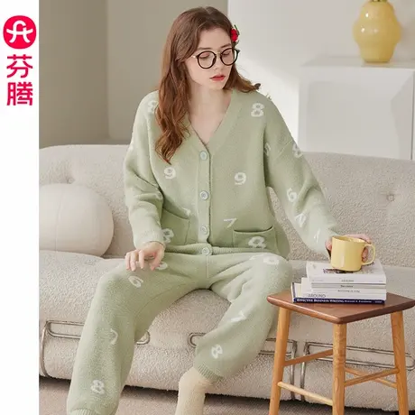 芬腾半边绒睡衣女秋冬加绒保暖套装女款冬季加厚休闲珊瑚绒家居服商品大图