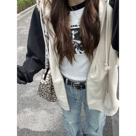 拉链开衫连帽卫衣女春秋季百搭宽松显瘦撞色拼接bf慵懒风上衣外套商品大图