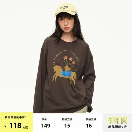 【8/25 0点新品9折】omont蛋挞家手绘小马印花圆领宽松长袖T恤秋商品大图