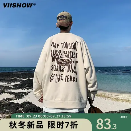 VIISHOW美式复古卫衣男秋季潮牌复古麂皮绒重磅圆领宽松套头衣服商品大图