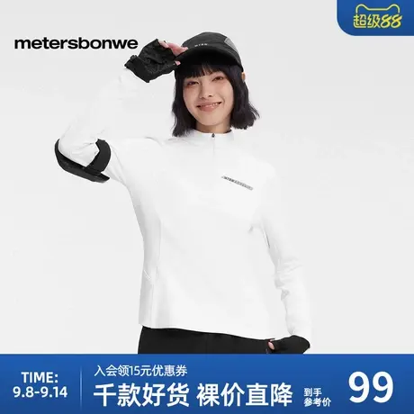 美特斯邦威女2025年春季新款立领半开襟磨毛针织长袖T恤商品大图