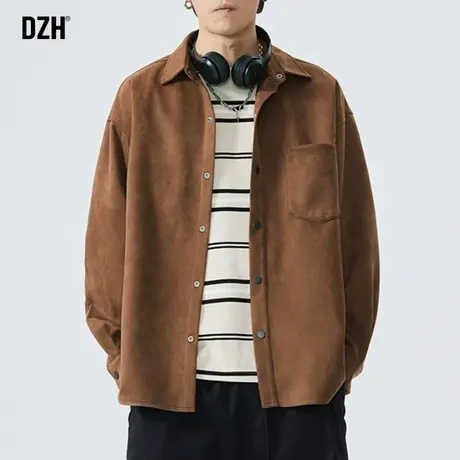 男士麂皮绒衬衫外套男高级感美拉德男装2023新款长袖秋季休闲衬衣商品大图