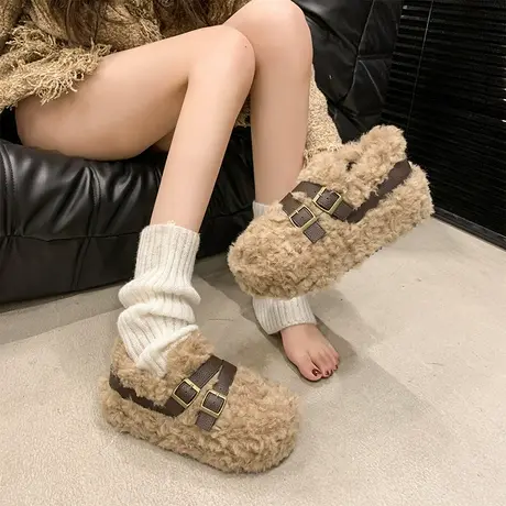 厚底气质毛毛鞋女2025秋季新款一脚蹬懒人小个子鞋子增高保暖棉鞋商品大图