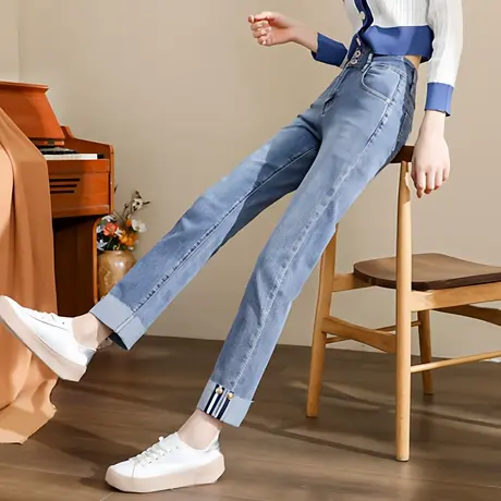 高腰卷边女式牛仔裤修身显瘦秋季辣妹小个子时尚百搭牛仔九分裤AX商品大图
