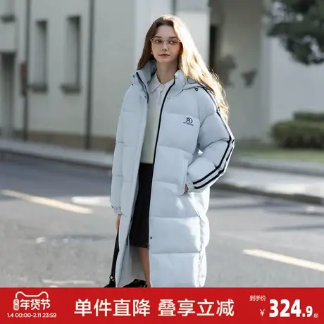 唐狮2025冬季长款棉衣女淡蓝色连帽撞色织带加厚保暖美式学院风商品大图