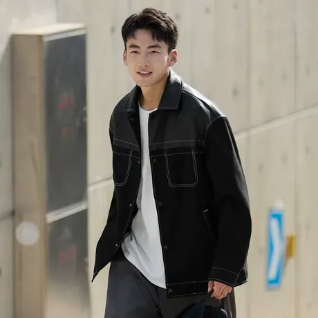 唐狮秋冬男衬衫领异材质拼接撞色外套衬衣男士秋冬衬衫长袖TMTA图片