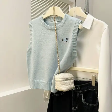 唐狮秋冬新款针织衫女毛衣背心套头圆领蓝色上衣女装学院风ydTD图片