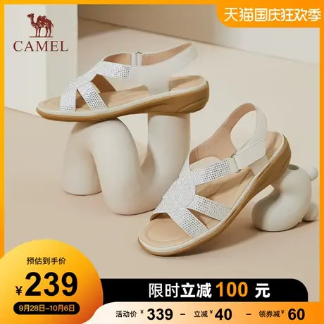 骆驼女鞋2023年夏季新款真皮一字带露趾粗跟休闲罗马时装凉鞋女图片