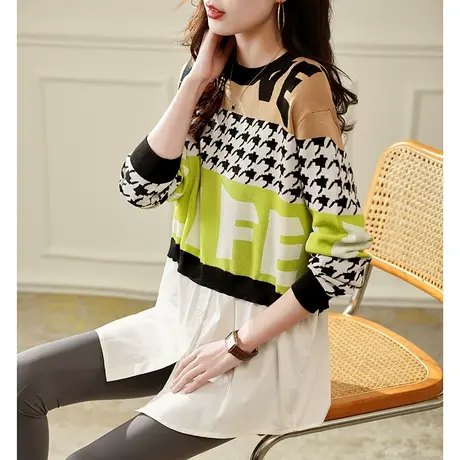 宝诗黎假两件拼接针织衫新款设计感秋季2023时尚圆领宽松上衣女装商品大图