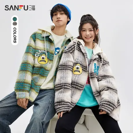 【怪兽大学联名】三福2023冬男士大眼仔连帽格子长棉衣477076图片
