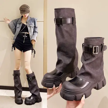 欧洲站2023秋冬新款百搭帅气复古厚底马丁靴裤管靴不过膝高筒长靴图片