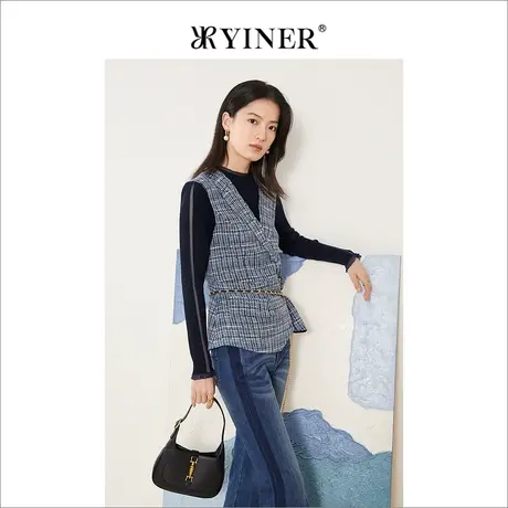 YINER音儿商场同款女装2021冬季新款撞色假两件粗花呢圆领衬衫商品大图