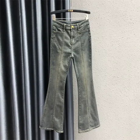 欧货加绒牛仔微喇裤女2023秋冬新款高腰显瘦显腿长复古喇叭裤长裤图片