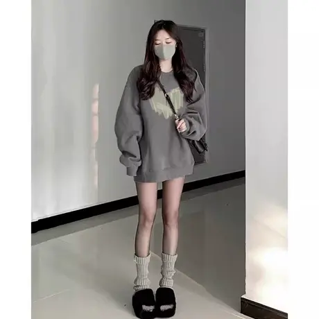 韩系chic别致上衣复古高级感卫衣女大码宽松加绒加厚ins秋冬长袖商品大图