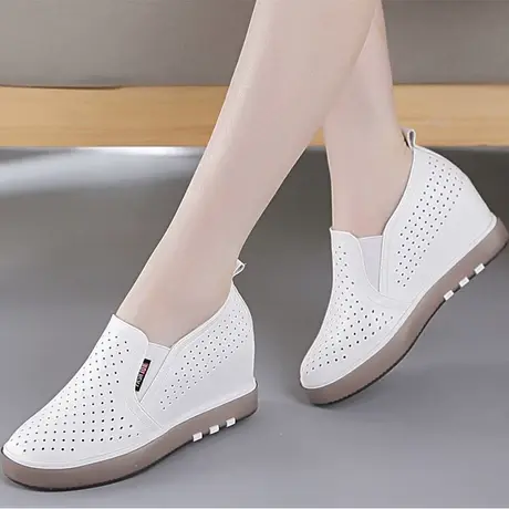 真皮内增高小白鞋女2023年夏季新款坡跟休闲一脚蹬镂空透气单鞋子商品大图