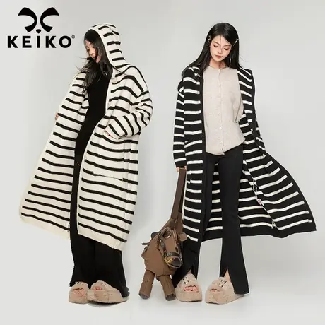 KEIKO 黑白条纹毛衣外套中长款秋冬慵懒软糯显瘦加厚连帽针织开衫商品大图