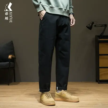 希越重磅美式休闲裤子秋冬季宽松大码加大加肥男士纯色工装长裤子商品大图