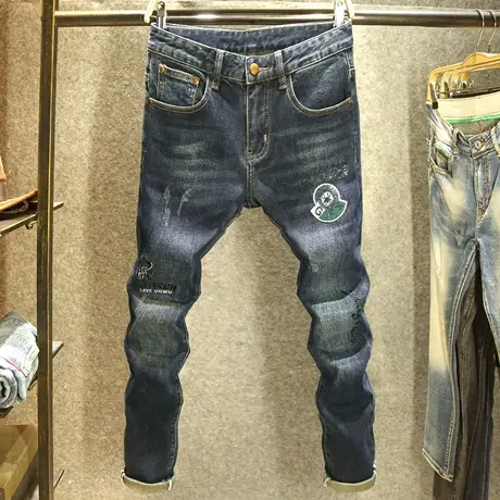 秋冬款深色牛仔裤男士修身小脚弹力裤子高端水洗耐磨潮牌猫须长裤商品大图