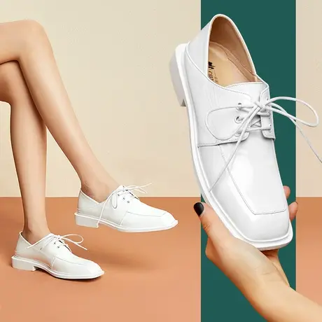 夏季新款方头白色休闲皮鞋女系带粗跟舒适里外真皮单鞋女商品大图