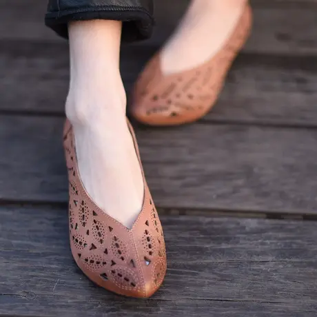 Artmu阿木原创春新款复古舒适羊皮镂空坡跟低跟尖头单鞋女奶奶鞋商品大图