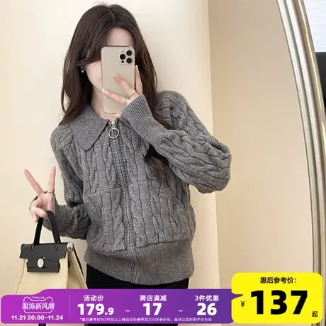 唐狮2023秋冬新款女毛衣翻领拉链开衫设计感小众绞花毛衣外套po图片