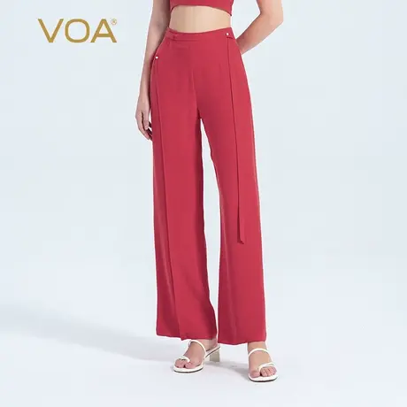VOA重磅真丝30姆米红后腰松紧不对称钉珠设计飘带装饰休闲直筒裤图片