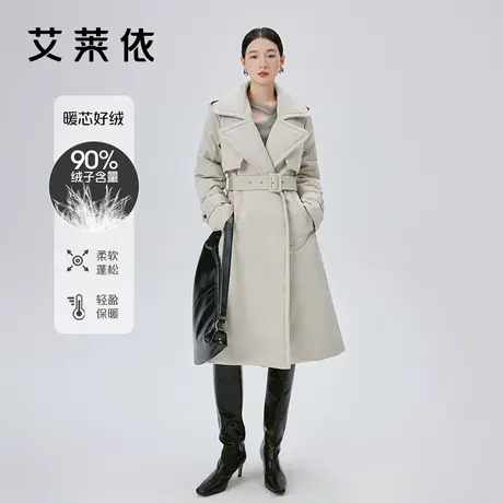 艾莱依风衣式羽绒服女2023新款西装领长款收腰设计感通勤冬季外套图片