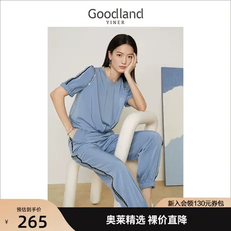 音儿美地女装2022夏季新款弹力褶皱装饰钉钻圆领短袖T恤商品大图