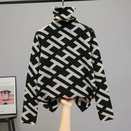 22123新款韩版宽松高领堆堆领字母打底衫套头长袖毛衣女士上衣商品大图