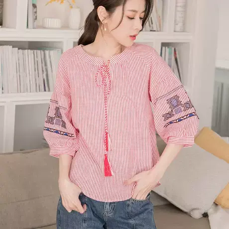 桔熊春秋复古条纹娃娃衫流苏系带领绣花泡泡袖上衣女大码AB14731商品大图