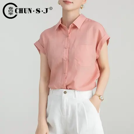 天丝麻落肩短袖衬衫女夏季2025新款胖mm大码女装显瘦上衣苎麻衬衣图片