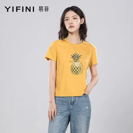 Yifini/易菲纯棉短袖薄款女装白色别致t恤女宽松上衣夏季新款商品大图