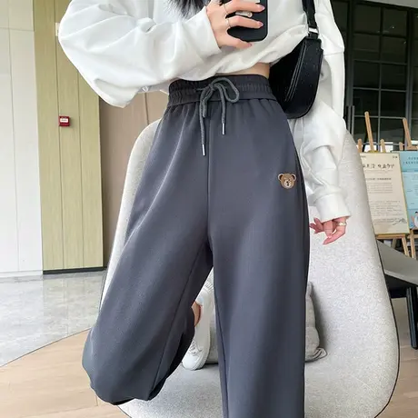 灰色华夫格运动裤女高腰宽松阔腿显瘦长裤秋季垂感束脚直筒卫裤子商品大图