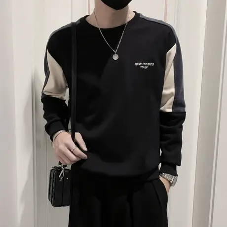 春秋季潮流拼色个性拼接圆领卫衣男痞帅休闲百搭长袖上衣t恤外套商品大图