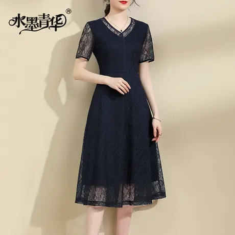 【1件7.9折】夏季新款时尚百搭短袖A字裙优雅显瘦网纱绣花连衣裙商品大图