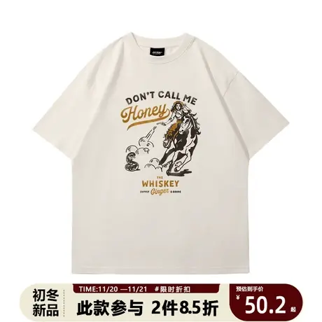 西海岸vintage创意印花情侣短袖T恤男ins潮牌复古半袖体恤衫短tee图片