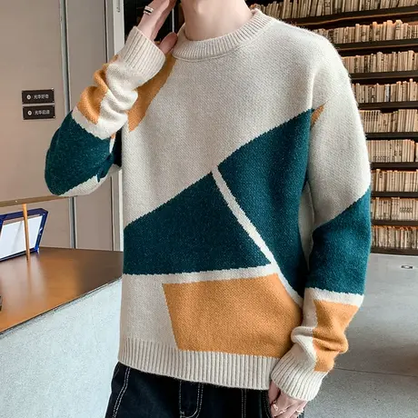 圆领毛衣男士潮流提花撞色百搭休闲2022秋季青少年学生打底针织衫商品大图