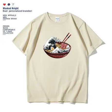 日系复古神奈川冲浪里拉面印花短袖t恤夏季纯棉宽松休闲圆领体恤商品大图