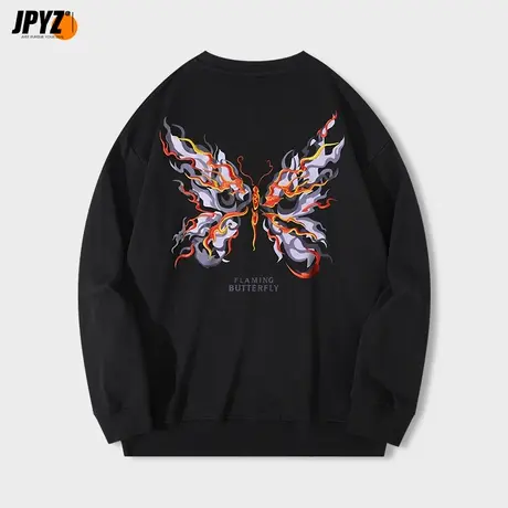 国潮幻蝶刺绣卫衣男春秋季款情侣无帽圆领套头上衣潮牌美式高街图片