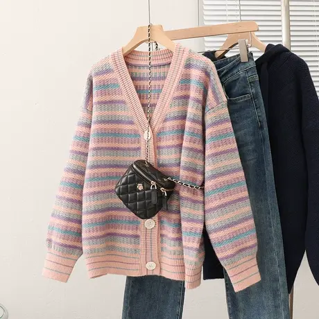 2023秋装韩版V领针织衫女长袖条纹拼接上衣毛衣时尚气质开衫外套商品大图