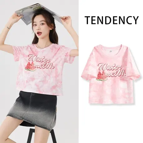 ZR真维斯扎染短袖t恤女夏季2023新款复古美式高级粉色短款上衣潮商品大图