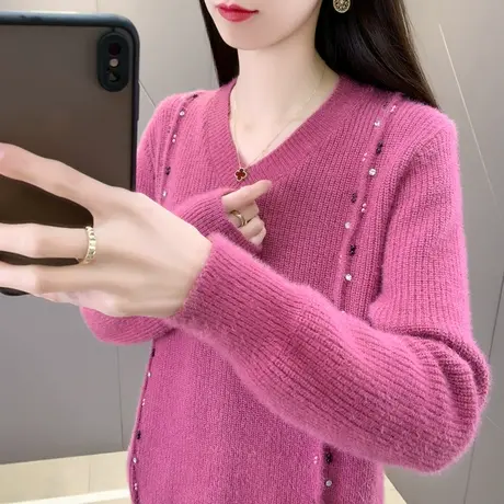 水貂绒钉珠V领毛衣女宽松2024春秋装新款时尚百搭打底针织衫上衣图片