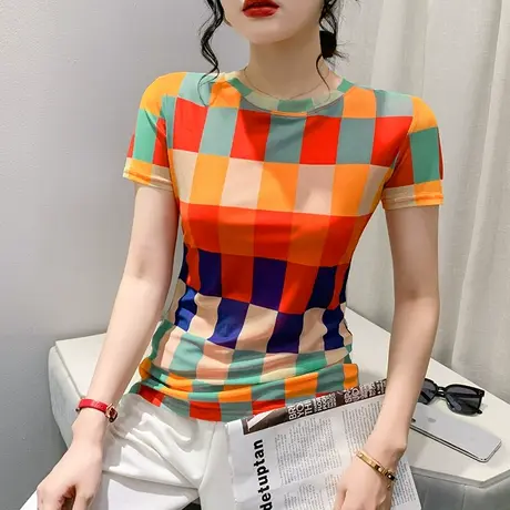 欧货网纱T恤女短袖2023夏装新款拼色格子上衣气质减龄显瘦小衫ins商品大图