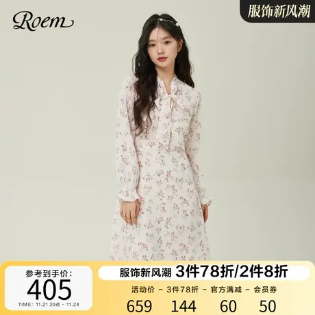 Roem碎花中长款长袖连衣裙2023年春秋新款商场同款系带蝴蝶结领图片