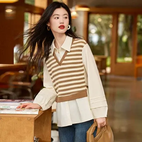 时尚气质衬衫2023秋季新款女装百搭假两件宽松通勤常规翻领长袖商品大图