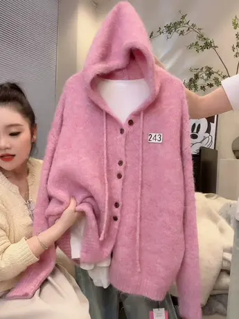 抽绳连帽休闲毛衣外套女秋冬新款韩版宽松慵懒风软糯百搭针织上衣图片