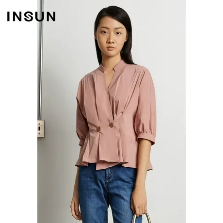恩裳奥莱春季秋季粉色减龄莫兰迪不规则七分袖衬衫图片