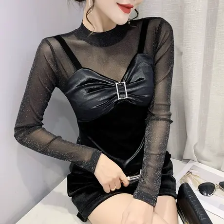 性感网纱假两件T恤女春秋2024新款气质紧身打底衫洋气内搭上衣ins商品大图