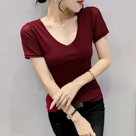 欧货性感V领短袖T恤女2024夏季新款紧身网纱上衣修身百搭半袖小衫图片